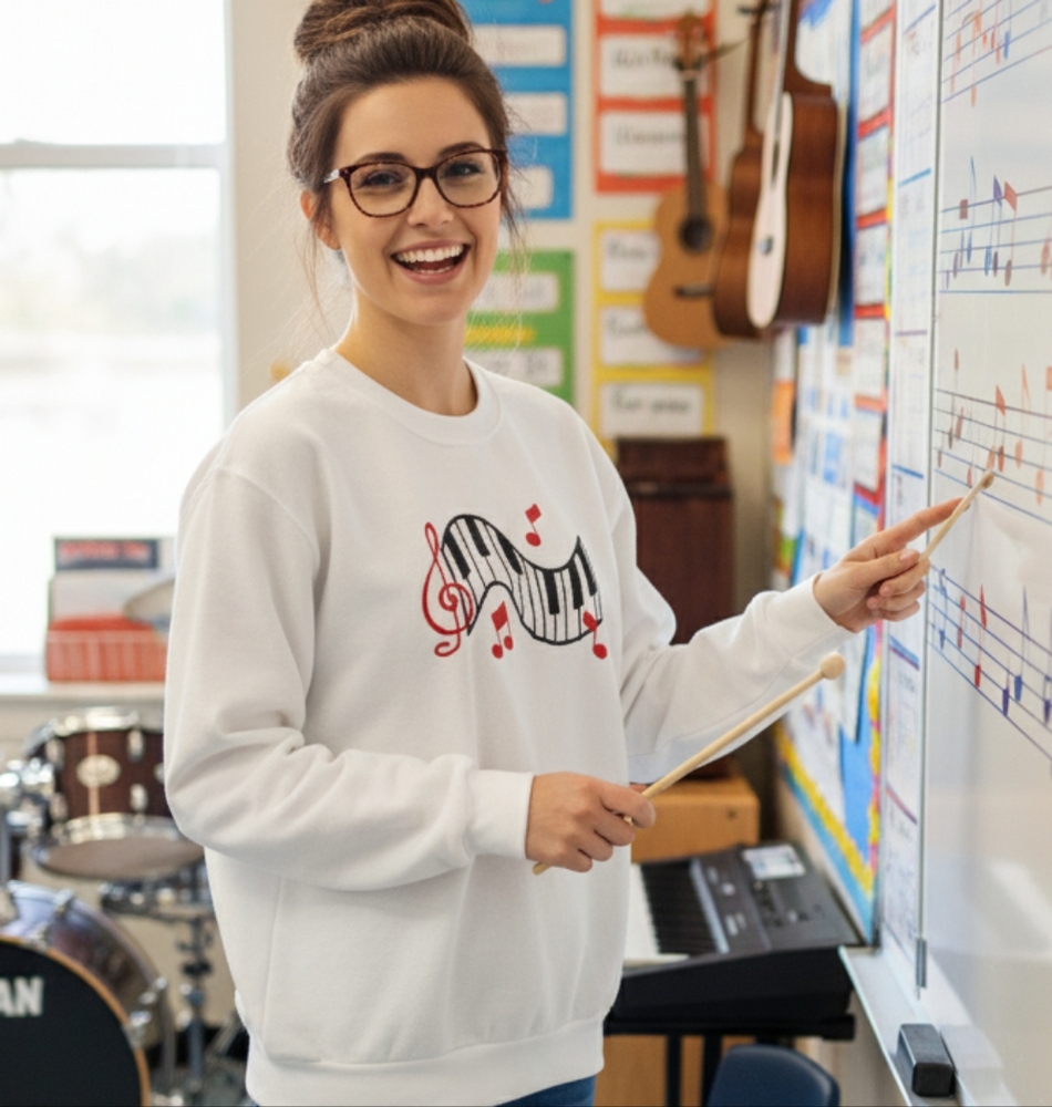 Vintage 90s White Piano Keys Musical Note Embroidered Crewneck Sweatshirt Medium